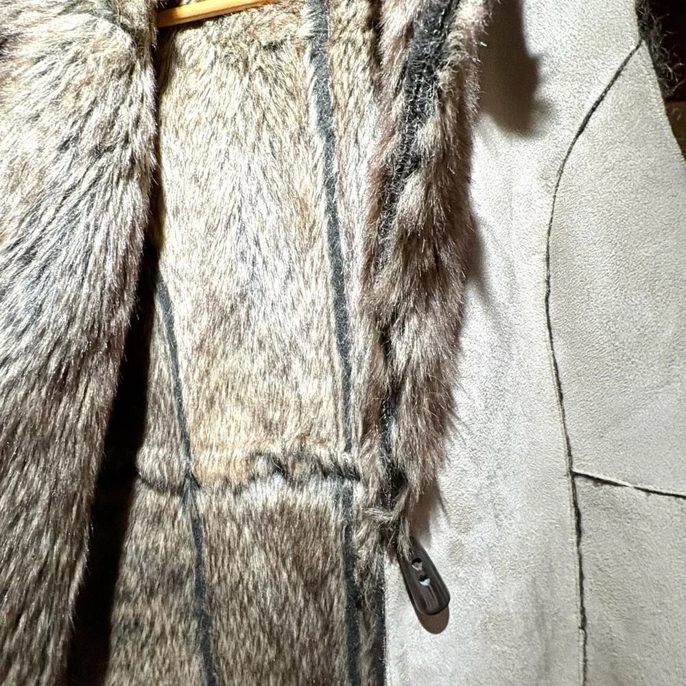 Fever Faux Fur Trimmed Taupe/Beige Suede Vest - Picture 8 of 8